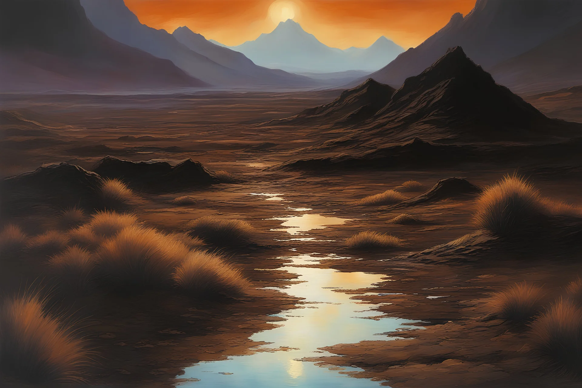 night, mountains, arid land, puddle, 2000's sci-fi movies influence, friedrich eckenfelder and willem maris impressionism paintings