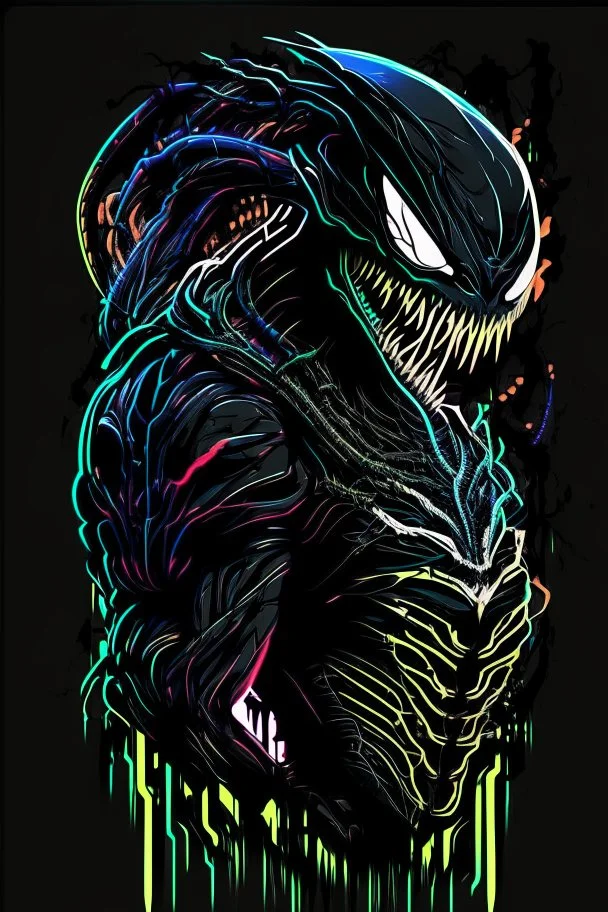 vector art, venom cyberpunk hybrid, illustration, black background, Vectorstock, flat