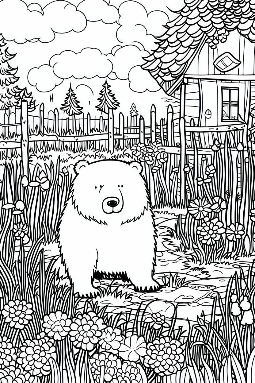 Outline art, bear in the garden, cartoon style, black and white, low detail, --ar 9:11