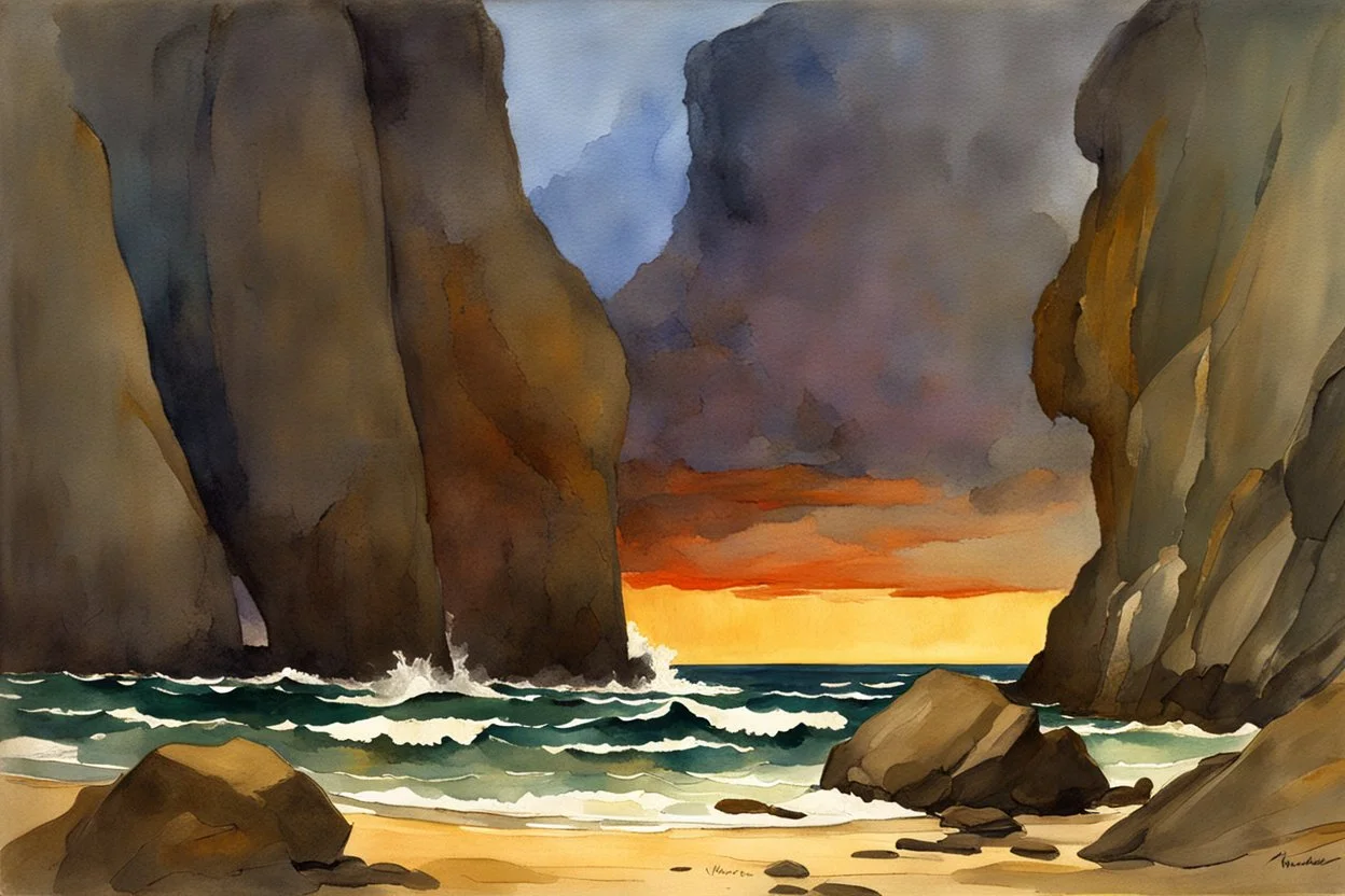 Night, rocks, cliffs, sci-fi, distant mountains, sea, waves, sand, seashore, epic, fantasy, winslow homer watercolor paintings