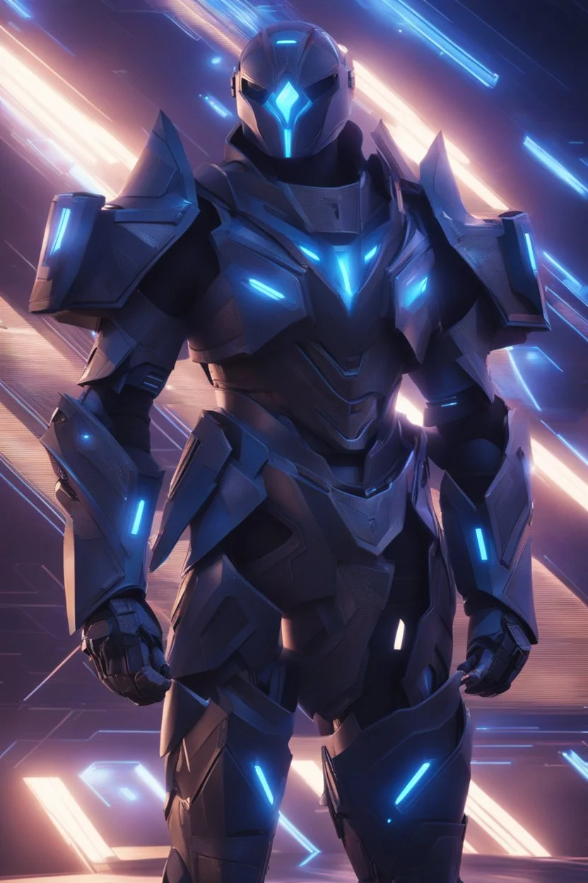 neon blue, flying parts of armor in form of triangles, cyber armor, geometric patterns on armor, male, orbiting triangle, armor drones