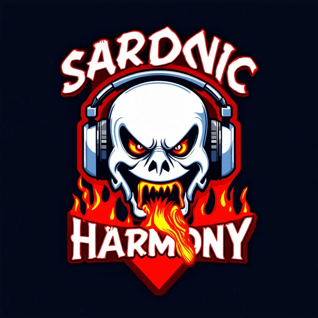 A logo for a rock band inspired by the styles of Ed "Big Daddy" Roth. The text "SARDONIC HARMONY" is written in a futuristic, robotic font. Below the text, there is a sinister, evil marshmallow head with headphones. The marshmallow head is breathing red flames. The background is dark.