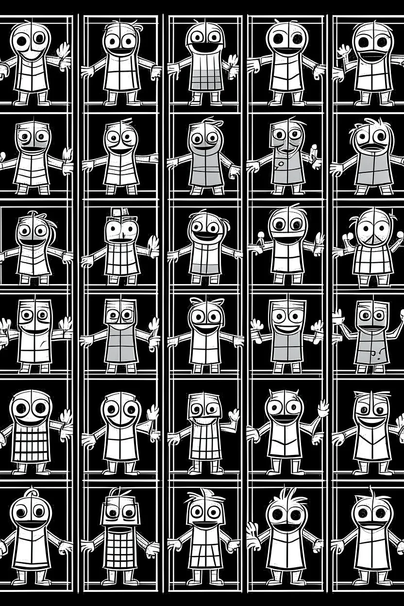 SQUARE GRIDS GHOST FACES CARTOON DANCING STYLE OF HIROKU OGAI