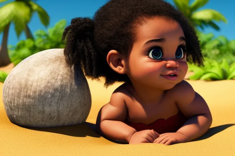 a beatiful little baby girl, 9 months old, moana style, black waivy hair, brown eyes, realistic, intriacte detail,volumetric lighting, particales, highly detailed, cinematic, magnificent, majestic, Realistic photography, incredibly detailed, ultra high resolution, 8k, complex 3d render, cinema 4d