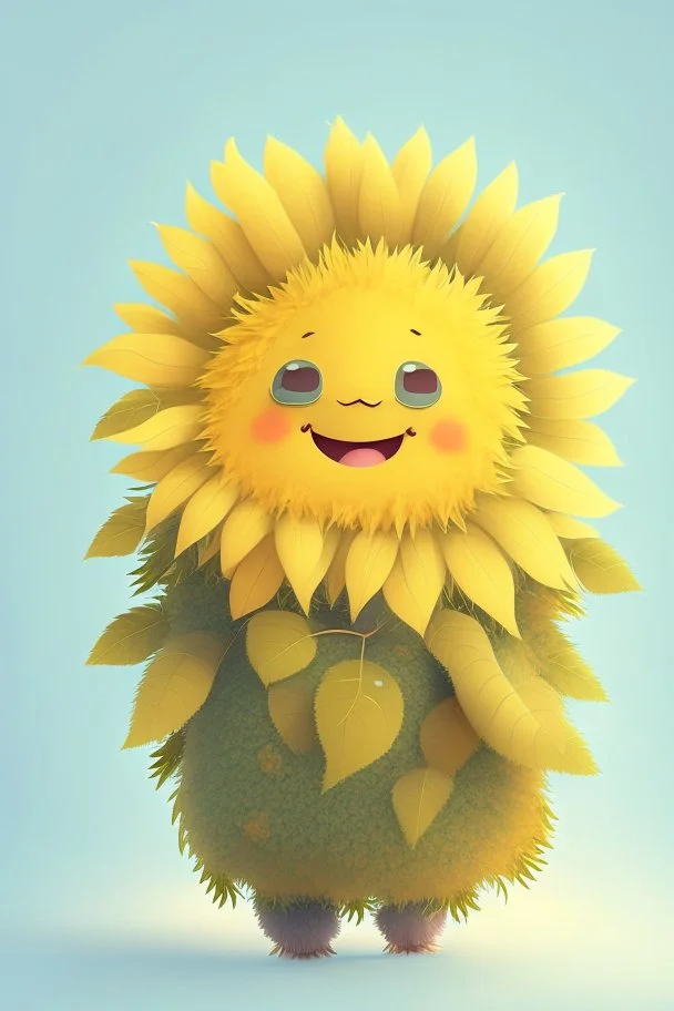 Cheery and cute sunflower with leaves avatar full body in fluffy material