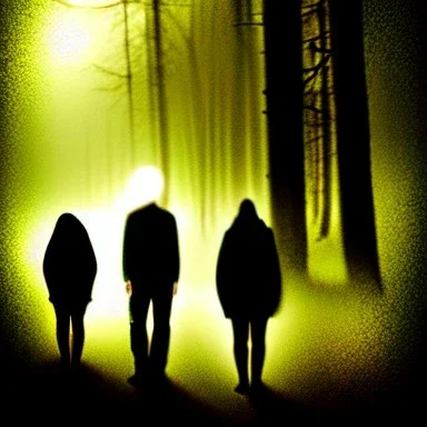 three figures, silhouettes, dark, foggy weather, night, forest, black, horror, art, evil, dark effect,