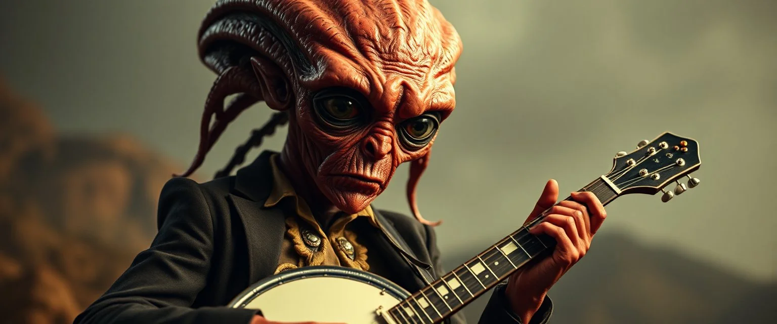 alien hill billy boss with a banjo In the style of Rembrandt,Background blur. Movie poster. Wild look. and Sigorney Weaver