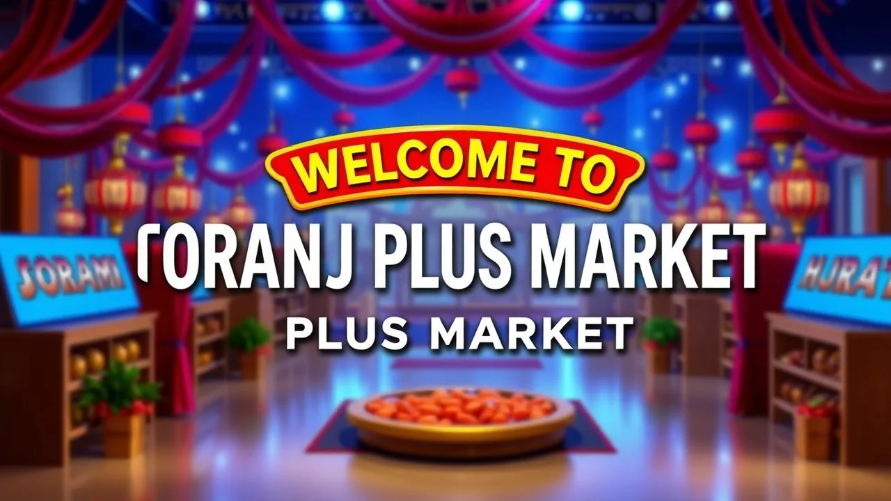 An attractive design with the text (WELCOM TO TORANJ PLUS MARKET) in the middle of the image in a prominent manner with a blue, red, orange, and gold color theme.