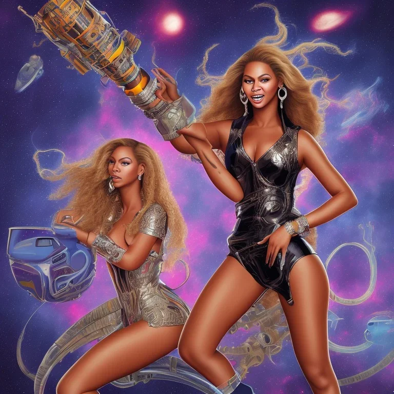 beyonce riding a rocket with a big T logo