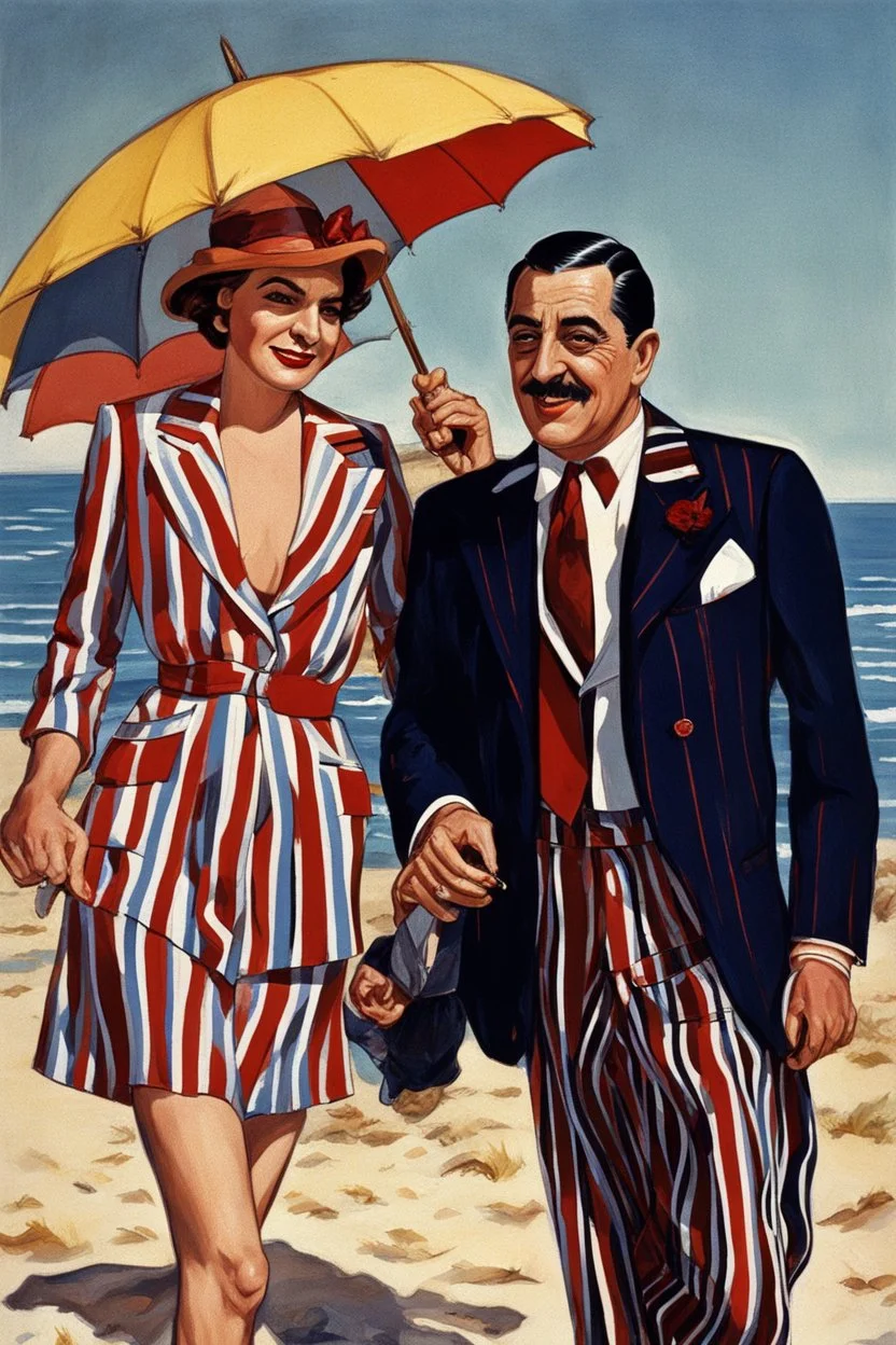 Gomez Addams cut a distinctive figure as he strode along the sandy shoreline. While others on the California beach wore colorful swim trunks and floral prints, Gomez was dressed to the nines in a three-piece pinstripe suit. The fine silk fabric was unmistakably Gucci - navy blue with subtle red pinstripes. Despite the sunny, 80 degree weather, Gomez kept his collar and cuffs fastened. A matching pinstriped hat topped his head of jet black hair, which ruffled dramatically in the sea breeze.