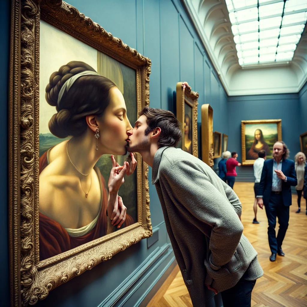 Mona Lisa comes out of the picture and kisses a young man who is standing in the museum looking at her picture