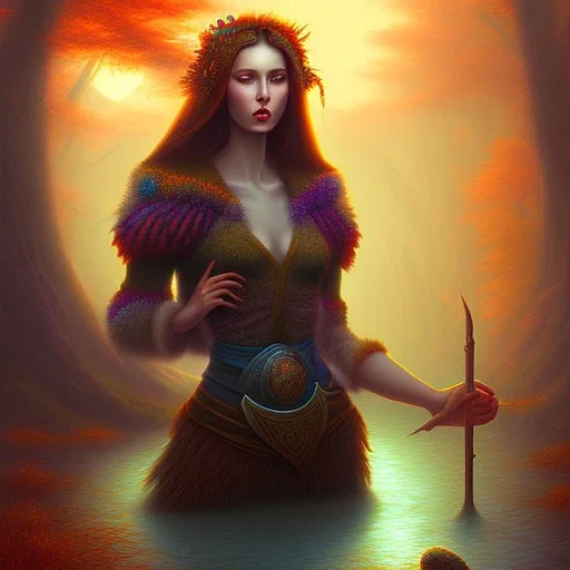  fantasy art, book illustration,portrait of a powerful druid and her flock by a dam ,autumn water, colorful, evening