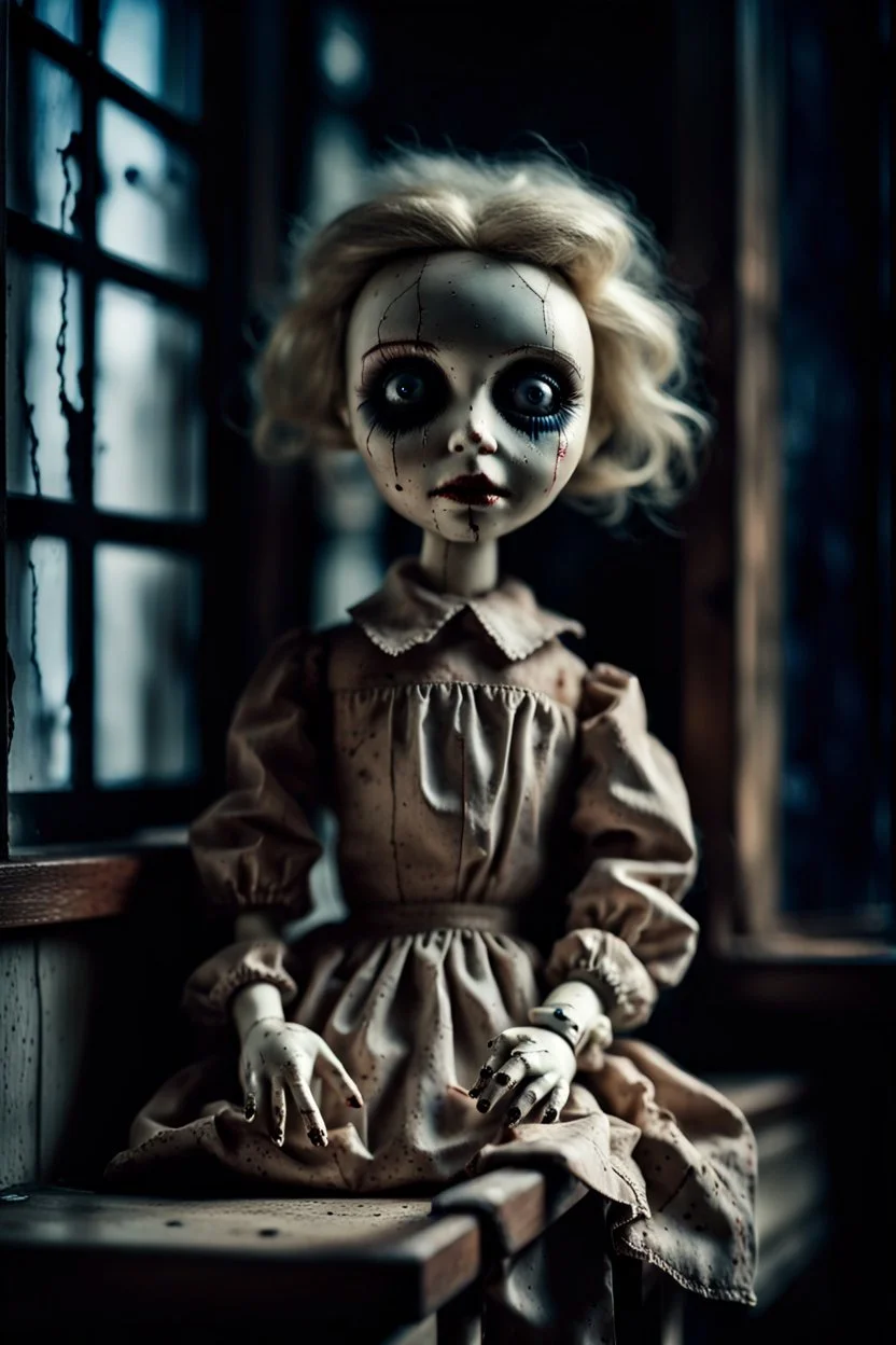 looking at the camera a high realistic porcelain puppet doll, old, dirty with old dress, sitting on shelf, in background blur cracked window. The figure has cracked face and head, and piercing big black eyes. High contrast, cinematic, thriller, dark, atmospheric. Surreal style , perfect composition, sharp focus, intricate details, crepy stunning horror vibe