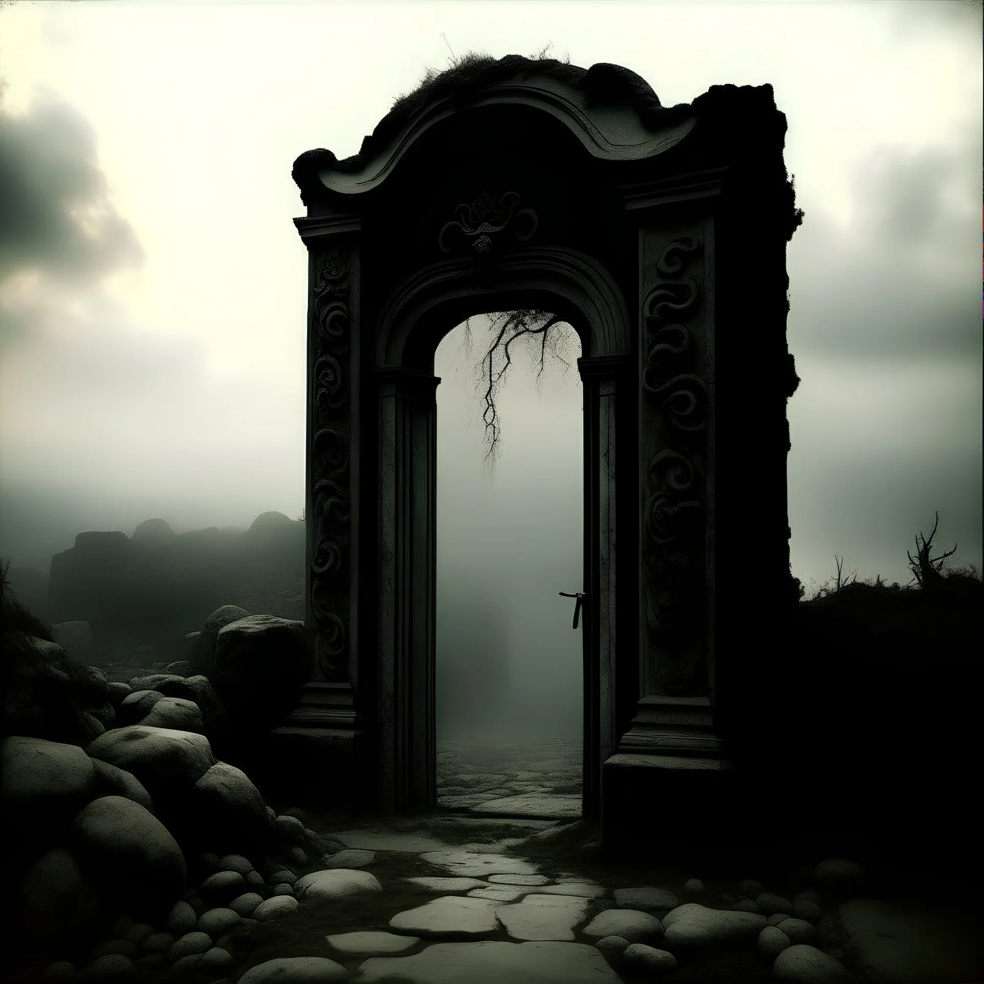 Photograph of a distant dirty stone door, several white tentacles surround the area, white fog, black background, black abyss