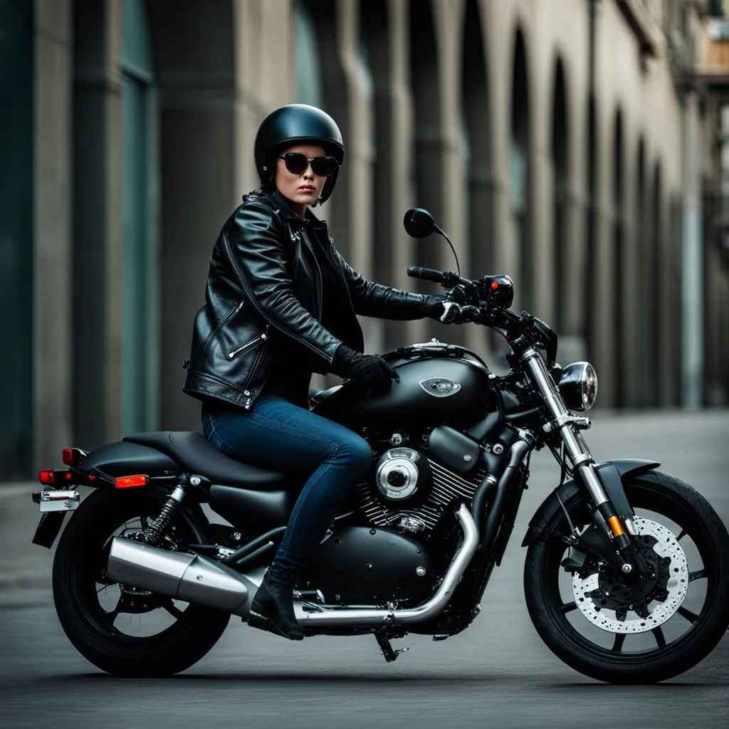 Biker sitting astride a motorbike wearing a leather jacket and dark sunglasses