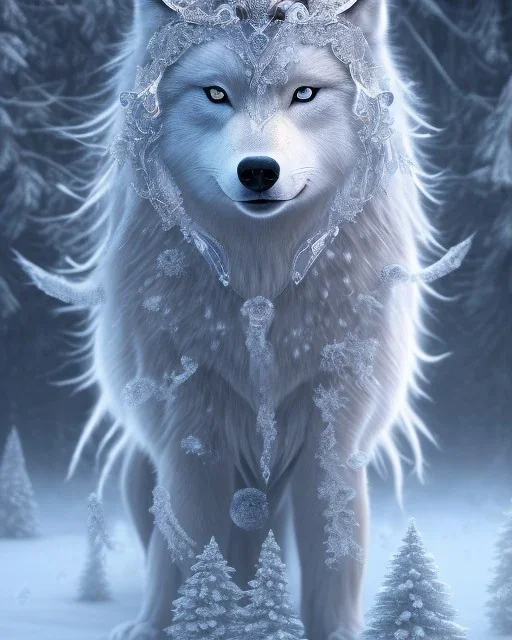 gorgeous goddess of ice and snow wearing a crystalline ice crown and standing next to a beautiful gray wolf, 8k resolution, centered, high-quality, fine-detail, iridescent, intricate, digital art, detailed matte, volumetric lighting, beautiful, illustration, 3D octane render, margaret weiss, brian froud, howard lyon, selina french, anna dittmann, annie stokes, lisa parker, greg rutowski,