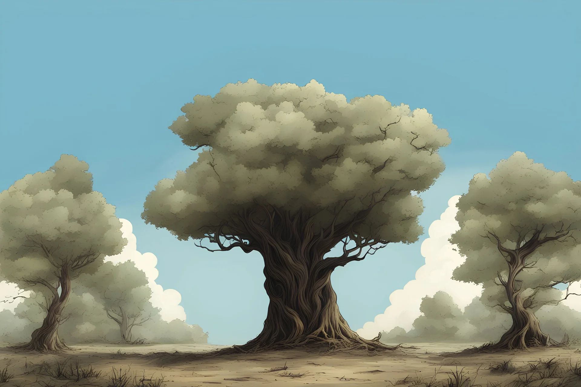 tree , overgrown apocalyptic background, comic book,