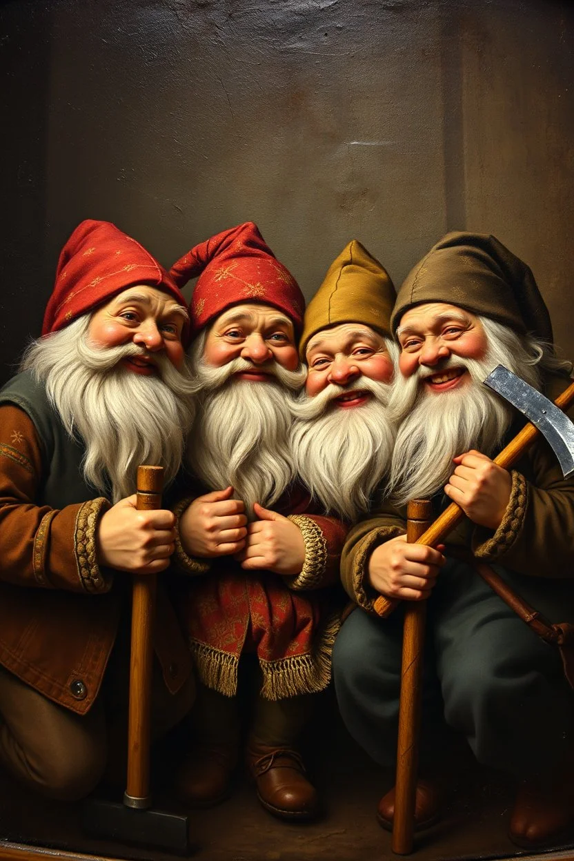 pin hole cam, master oil painting by Rembrandt, family portrait of smiling dwarves in fine clothes and with pickaxes laughing