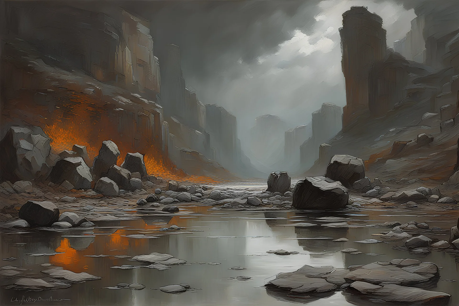 Dark grey sky, rocks, cliffs, puddle, sci-fi, mountains, ludwig dettman and rodolphe wytsman impressionism paintings