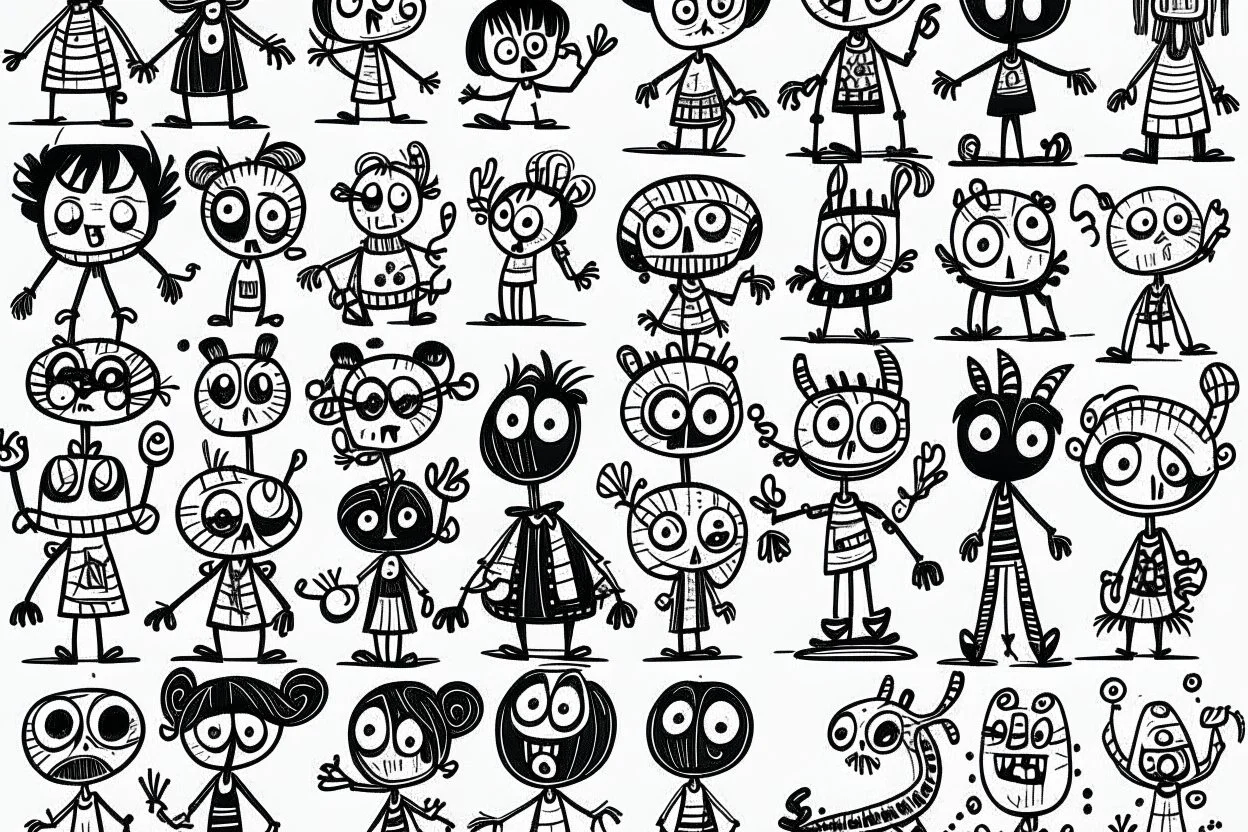 make a bunch of simple hand-drawn spooky and cute cartoon characters with bodies arms, and legs I could draw and make them all different make them looks like the 50s and 60s cartoon art