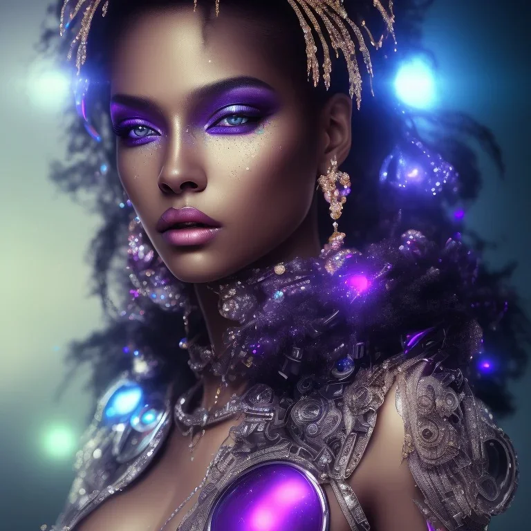 full body shot, masterpiece, best quality, black skinned, sparkling eyes, fluorescent skin,purple-dark makeup, gangsta style , highly detailed body, sun light, 4K, RAW, depth of field, high contrast, realistic details, 24mm