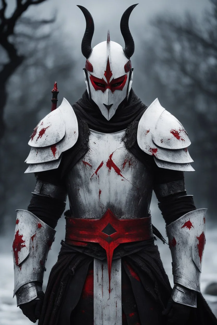 The character, depicted in a striking white armour against a dark wintry backdrop stands with his hands behind his back inside the scene, he has a red and black circular symbol on his chest like a shield, a black pointed spear with a red handle on his back, His eyes are showing a dynamic yet menacing expression and he wears a black oni mask with white teeth covering the bottom part of his mouth he has brown shoulder pads and a white karate belt with a bag attached to it. He has dark brown hair.