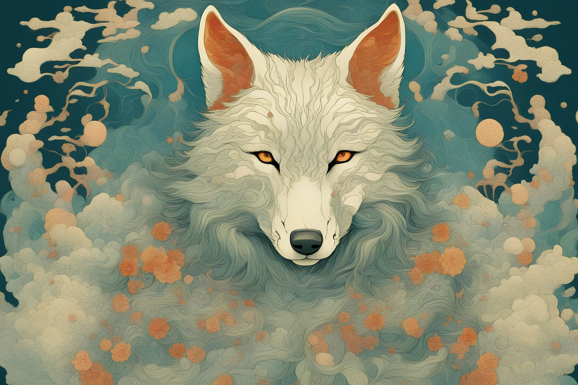 portrait of a mystic wolf, by victo ngai, by Hokusai, rbg, psychedelic, fractals, sacred geometry, medicine, sacred