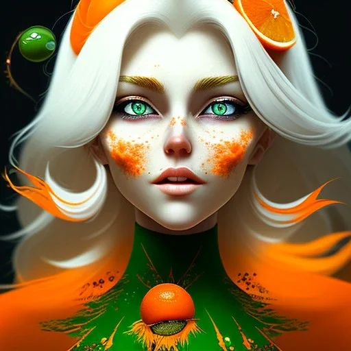 fantasy setting, woman, orange and white hair, wavy hair, freckles, ranger, more orange hair, more white hair, green eyes, more white hair, more white hair