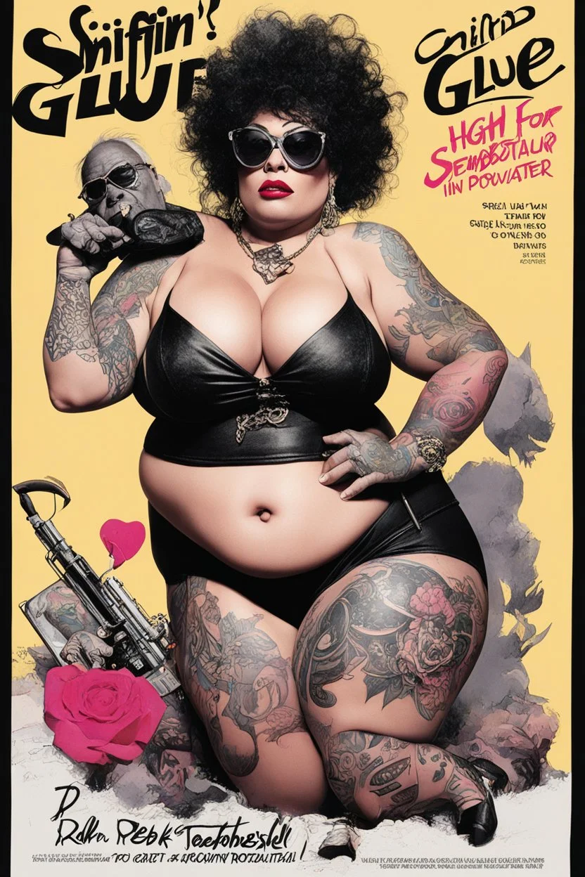 SNIFFIN’ GLUE magazine high res photo cover by Ralph Steadman: special bombshell in agent provocateur for her with curvy tattoos issue; guest star : Bebop and Rocksteady