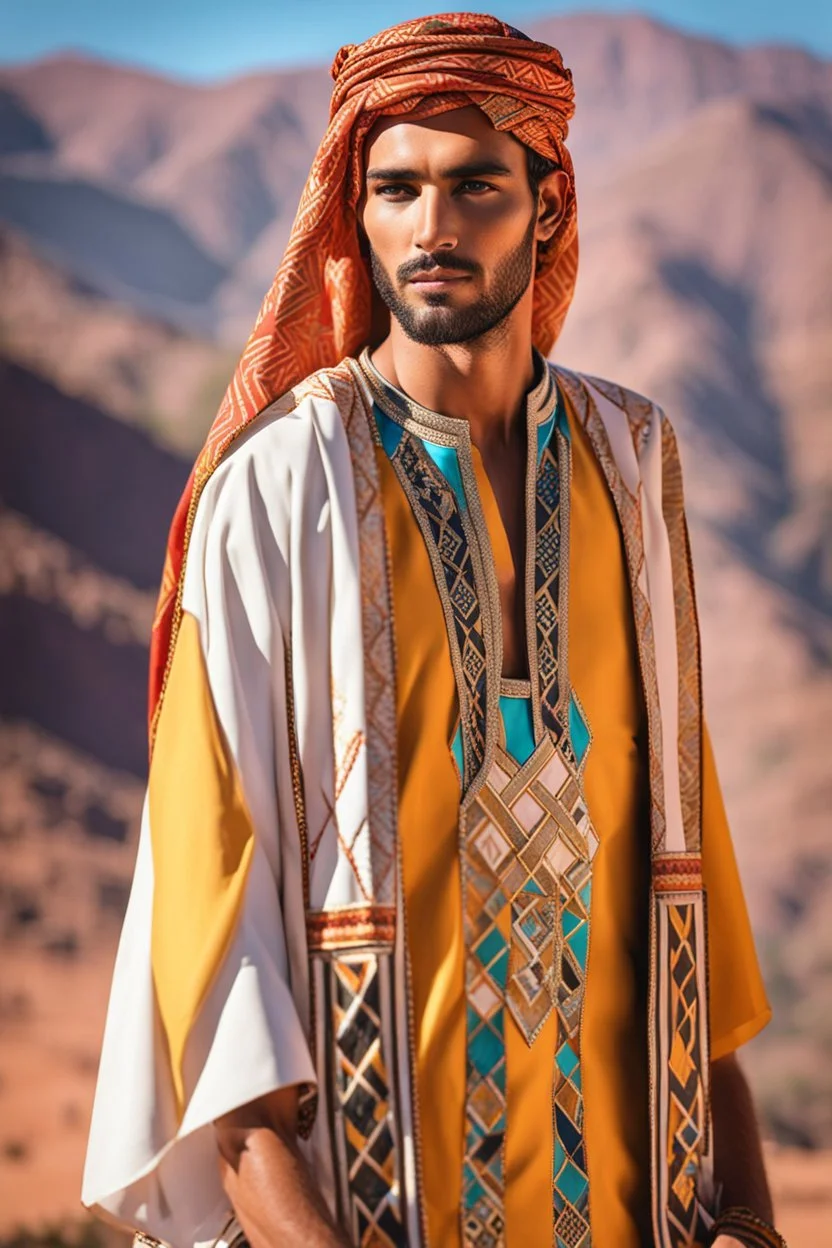 Super model arabian handsome man, detailed, hyper realistic, wearing Arabian a vibrant Amazigh dress adorned with geometric patterns,in the sun, standing proudly in the Atlas Mountains.