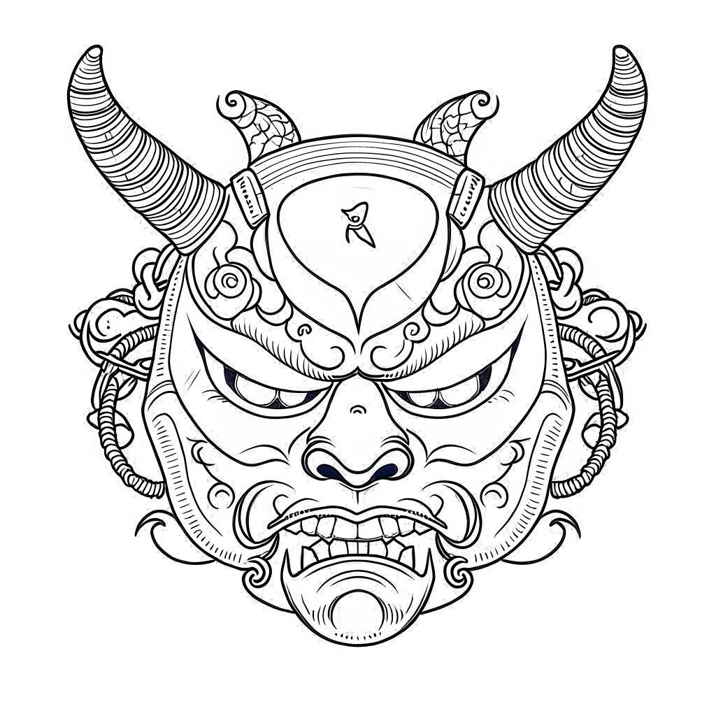 White, minimalis line art , oni mask japanes funny fat, vector, white background, outline, with images neatly contained within the background, just black and white color,