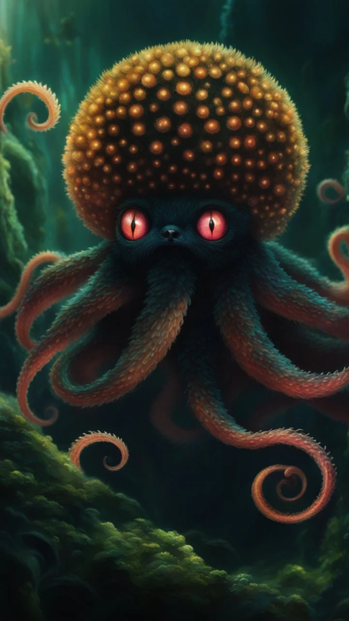 a small, fluffy creature with a round, plump body and long, wavy tentacles, It has bright, glowing eyes that pulse to the beat of the music