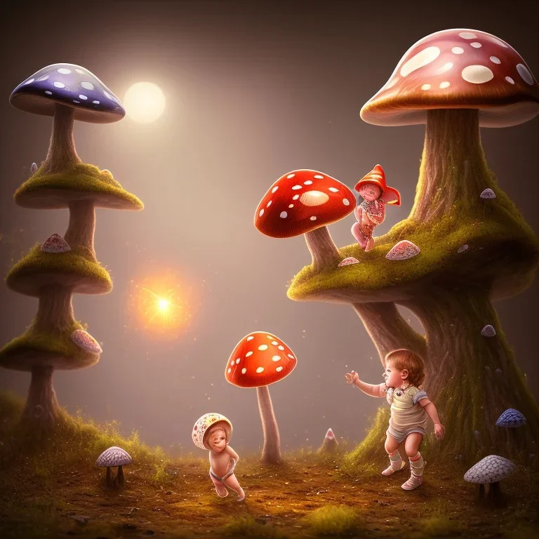 psychedelic mushrooms and tiny human with a casquet