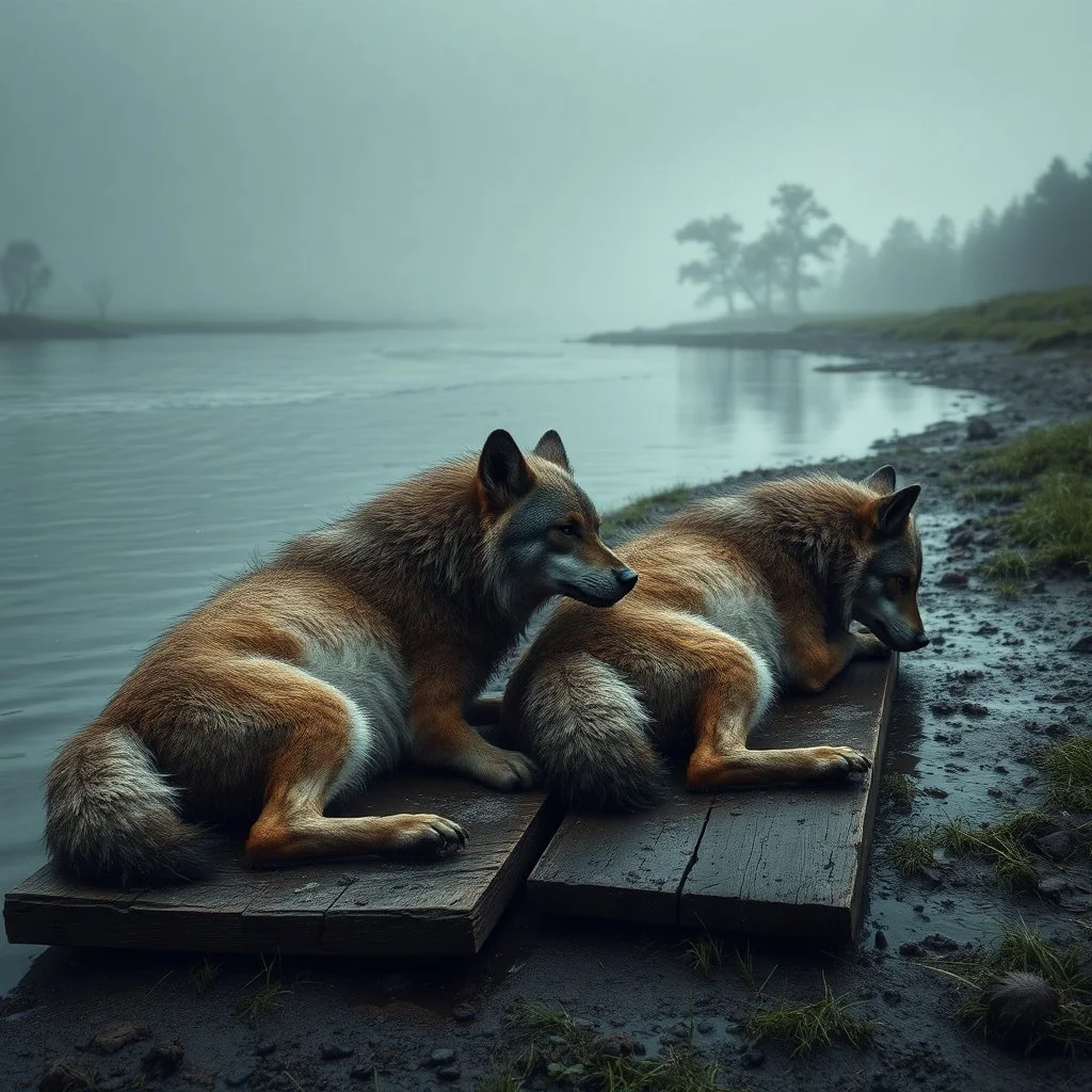 realistic anthropomorphic human-wolf hybrids in body hair lie exhausted and wet on their stomachs on two wooden boards next to a deep river, on the opposite bank in the distance, hour-long, thick-trunk trees are faintly visible, grass, mud, rain, high realistic, detailed, cinematic, sci-fi, digital art, dark fantasy mood