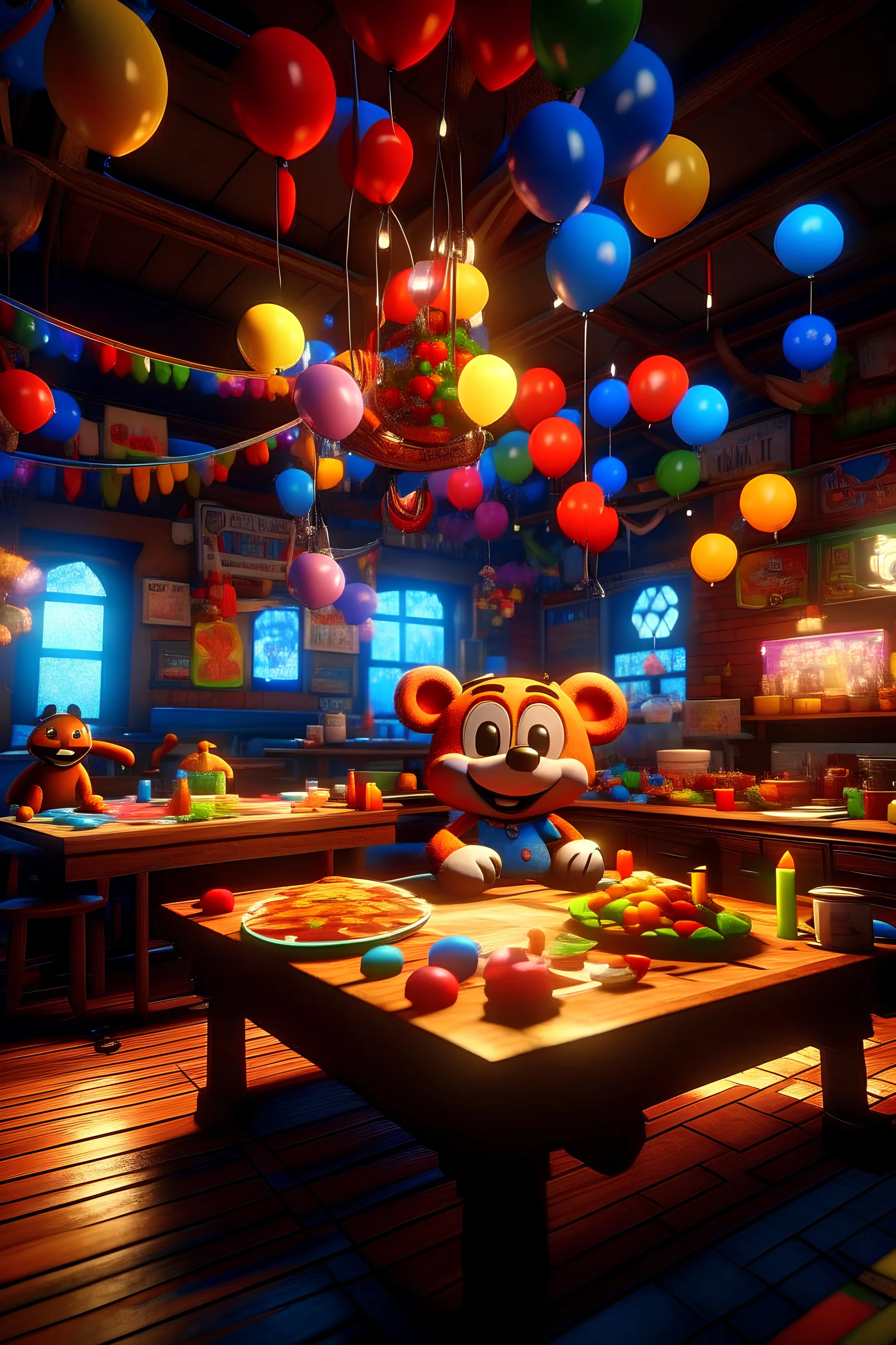 2D Animation, personality: [Illustrate Fazbear's Pizza filled with children, laughter, and music. The scene should showcase the bustling atmosphere with vibrant balloons, multicolored fairy lights, and a festive vibe in the air.] unreal engine, hyper real --q 2 --v 5.2 --ar 16:9