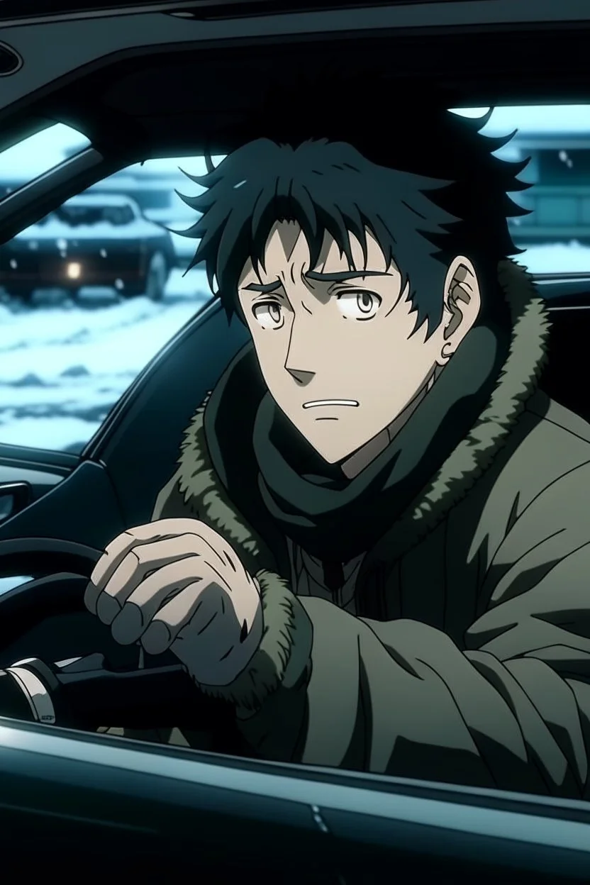 Megumi Fushiguro | Jujutsu Kaisen a guy with disheveled black hair an anime character is sitting in a car wearing a scarf. It's snowing outside and it's nighttime. Everything is pale and dreary