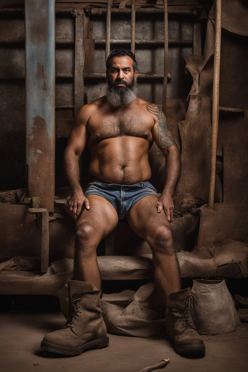 full figure shot photography of a 43-year-old arab angry beefy tattoo very hairy sweaty worker sitting spread-legged in an old sofa inside a construction site shed, big shoulders, boots, dressed in bulging shorts,shirtless, stubble, big manly legs, hairy chest, serious eyes, midnight, dim neon lights illuminating and shine on the beards of sweat that fill his large chest, photorealistic , ambient occlusion, view angle from the ground