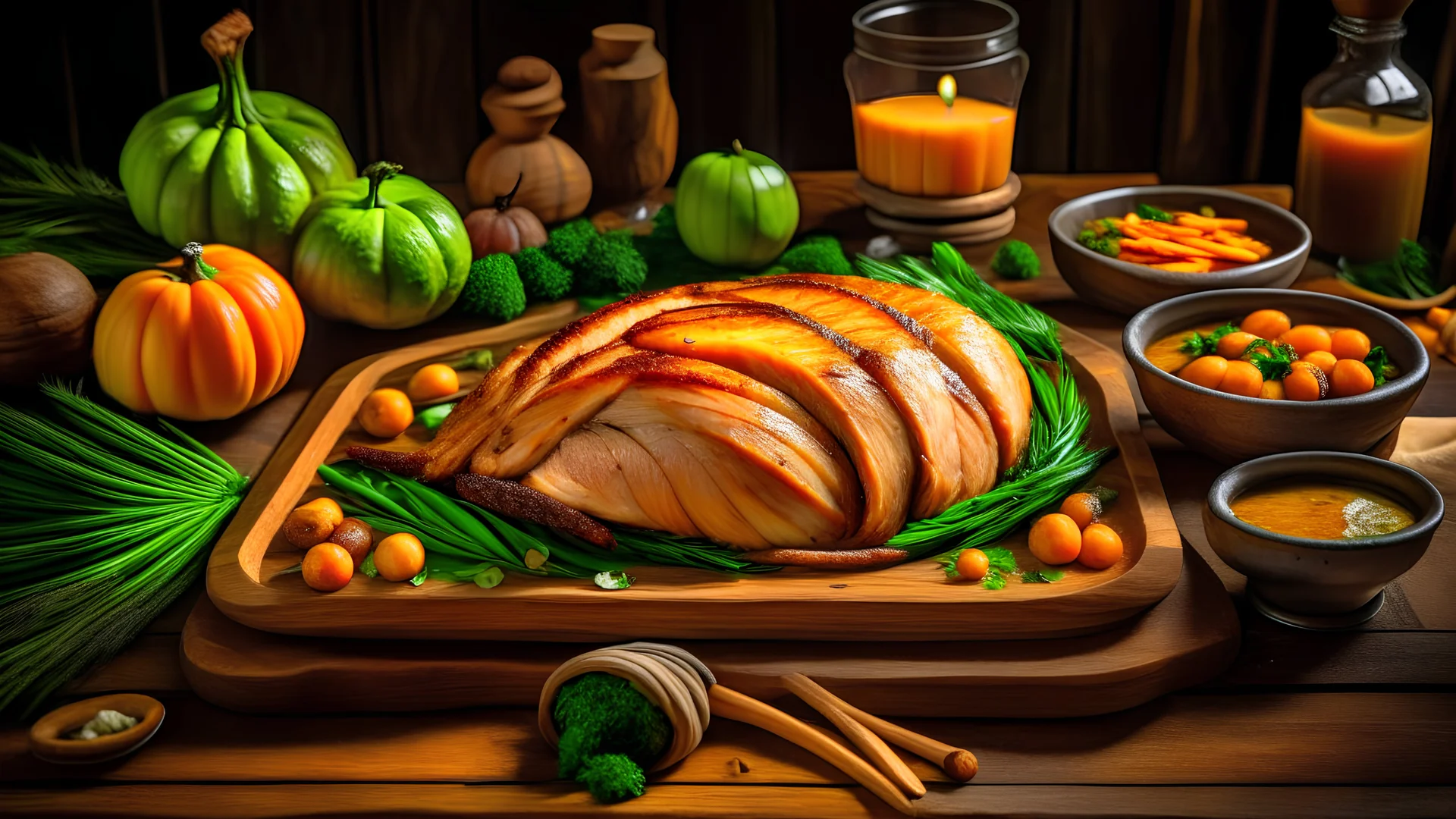 Delicious roasted turkey with green beans and sweet potatoes on a rustic wooden board, food art, food photography, generative AI