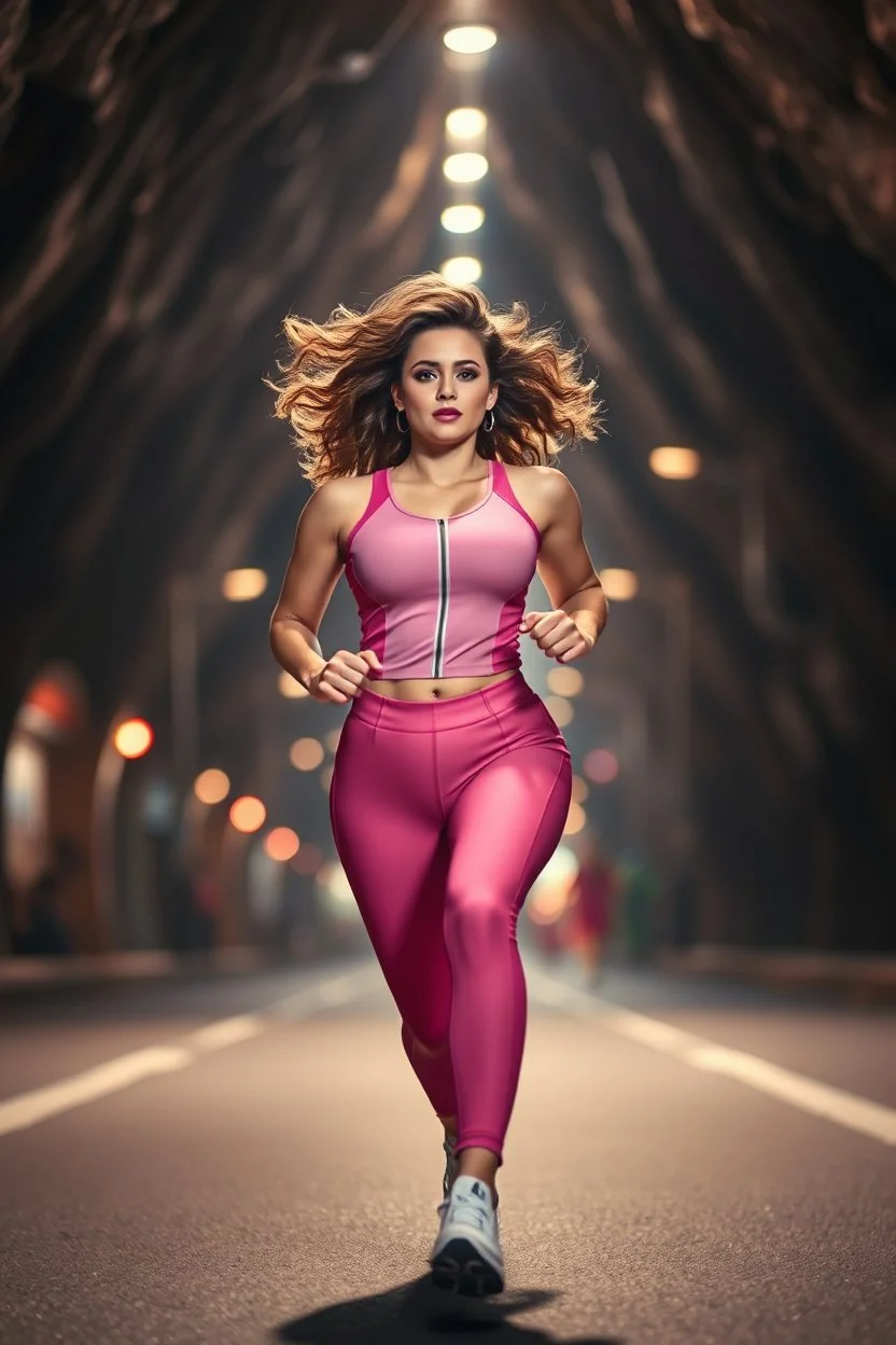 a modern city jewell lights , a beautiful fashion model lady with cute,curvy hair,makeup, in pretty sports suit is running in street ,dynamic camera fallow her inside cave capturing full body, dynamic lights.