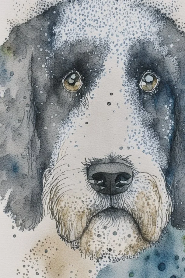 Abstract wet watercolour of the head of a black and white bernadoodle, ink lines, interlinked circles, detailed,focus on eyes, watercolour paper