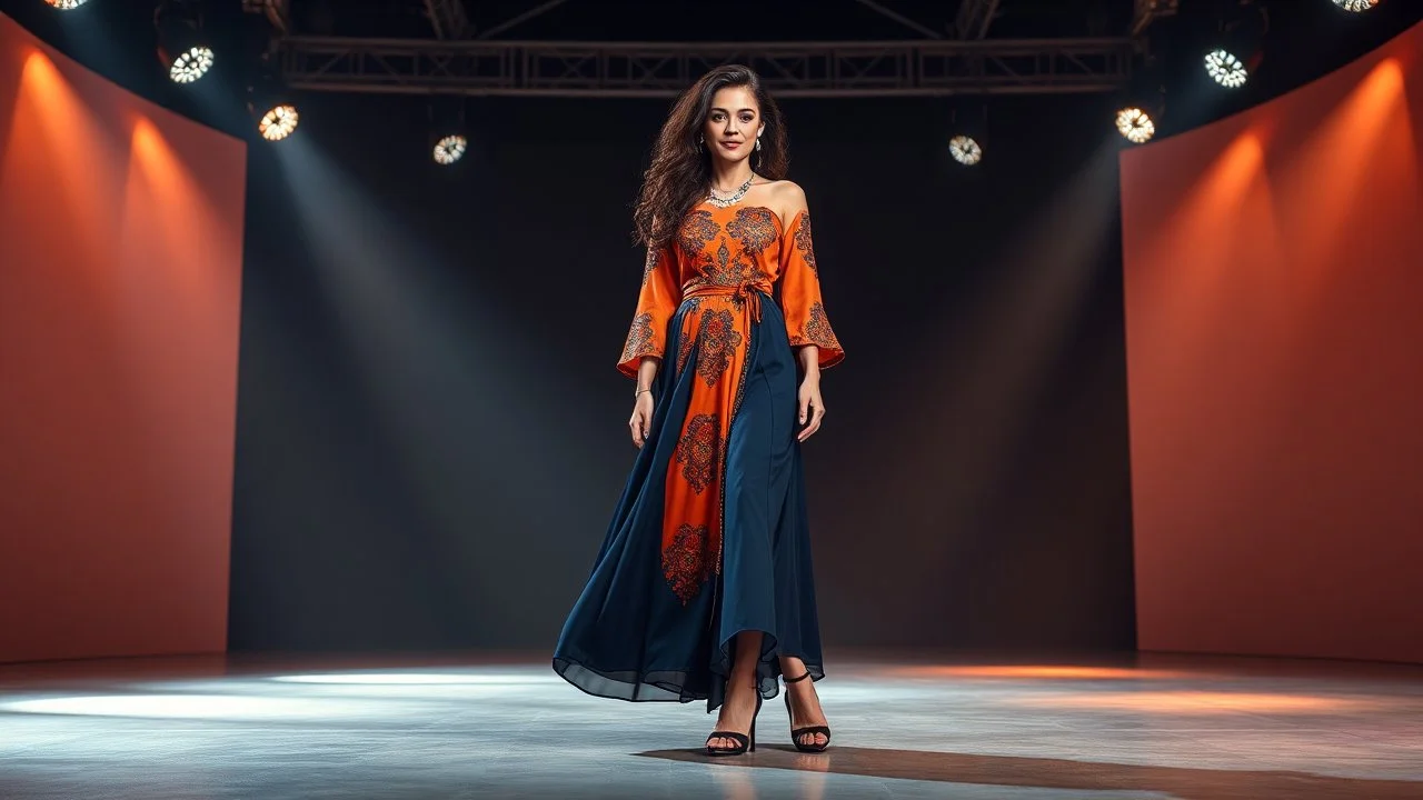 very beautiful 1 lady with makeup curvy hair pretty dark blue long skirt and orange bluose with nice jewel patterns high heels, full body standing gracefully in modern stage,dynamic lights