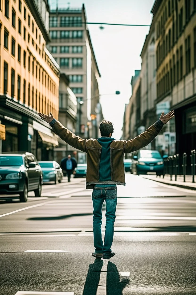 un hombre con los brazos abiertos en una calle de una ciudad. fotografía realizada con cámara Leica y objetivo de 50 mm. fotografía en color