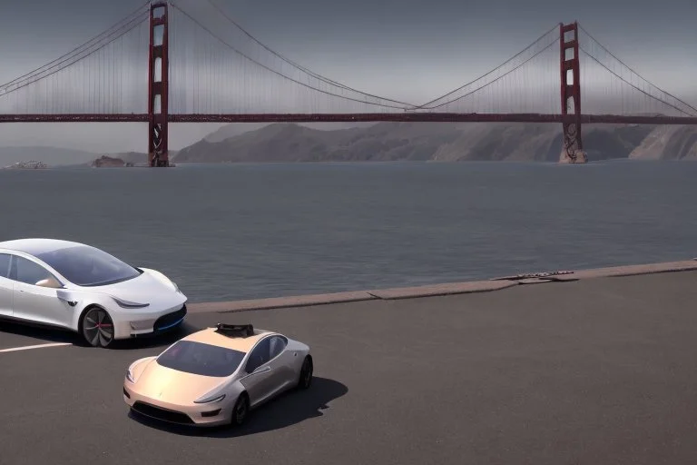 A Tesla 'Model S' is parked, on the 'Golden Gate' bridge. (CINEMATIC, WIDE ANGLE LENS, PHOTO REAL)