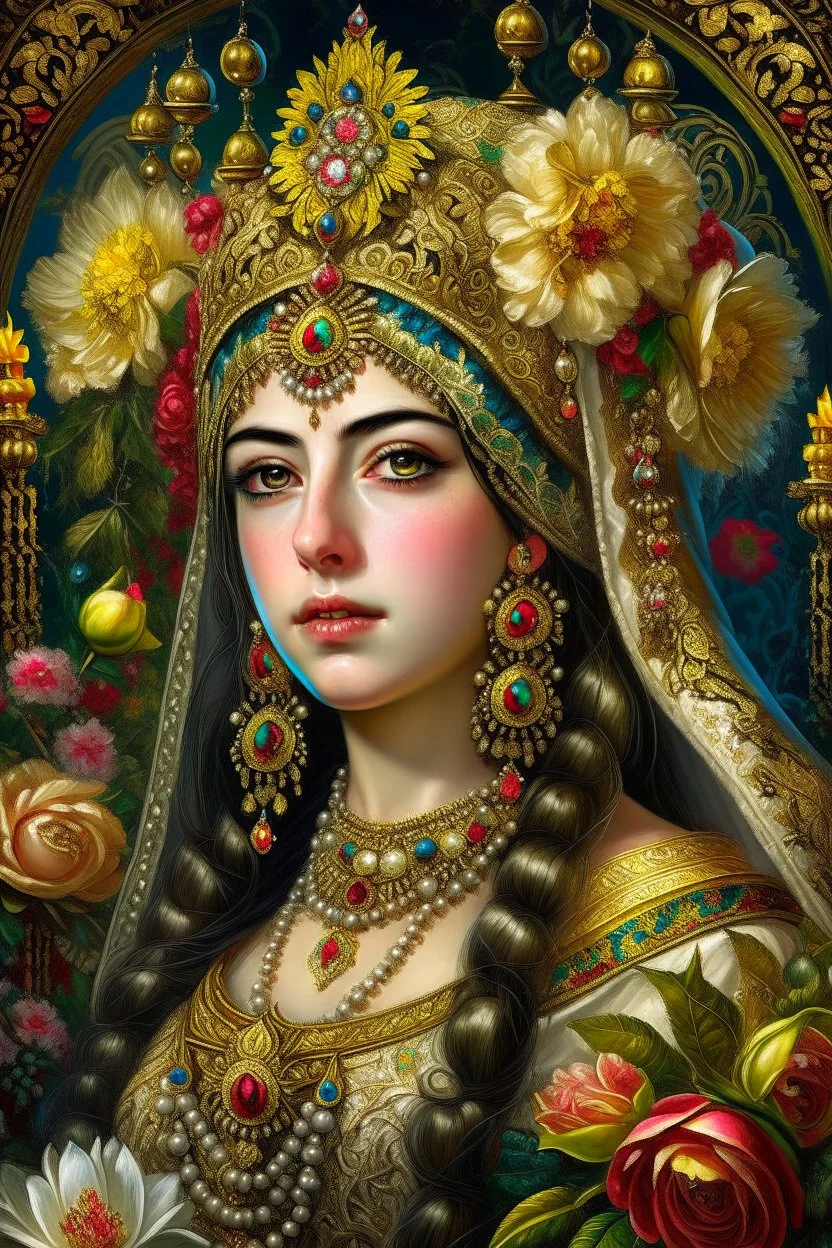 Beautiful facee Iranian Princess front wiev portrait, adorned with giant Jasmine, and lily flower ,roses , golden pearls , zafir gemstone headress, wearing floral, lace, pearls, zafirs ornate Iranian costume, organic bio spinal ribbed detail of Iranian style full jasmin and rose and persian garden background by the moonlight extremely detailed hyperrealistic maximalist portrait art 256K