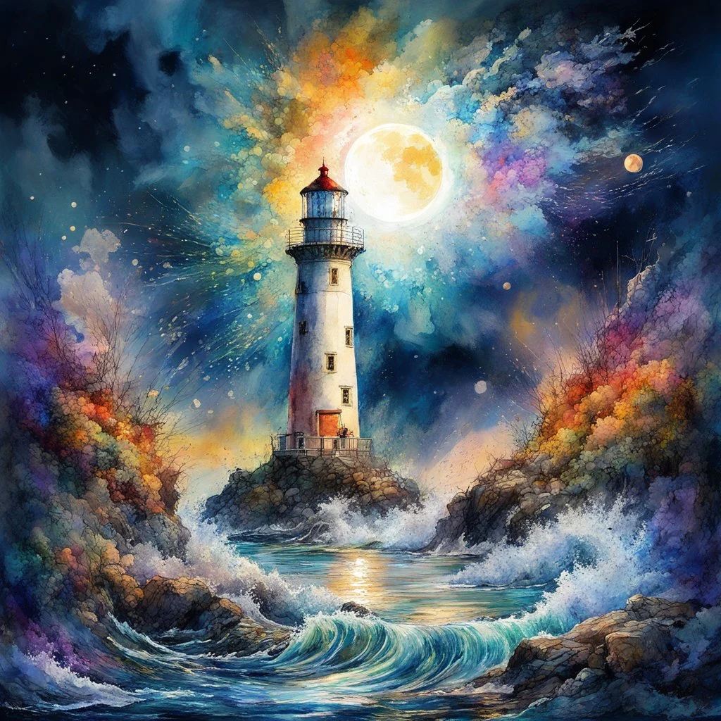 lighthouse landscape splashy Watercolor, by Josephine Wall and Pascal Campion, by Carne Griffiths, full moon, lighthouse beacon brilliant glare effect, chaotic cinematic pastel colors, expansive, UV reactive blacklight, acrylic, high contrast, colorful polychromatic, ultra detailed, ultra quality, perfect Wide long-shot visual masterpiece, splash art, dramatic stormy night