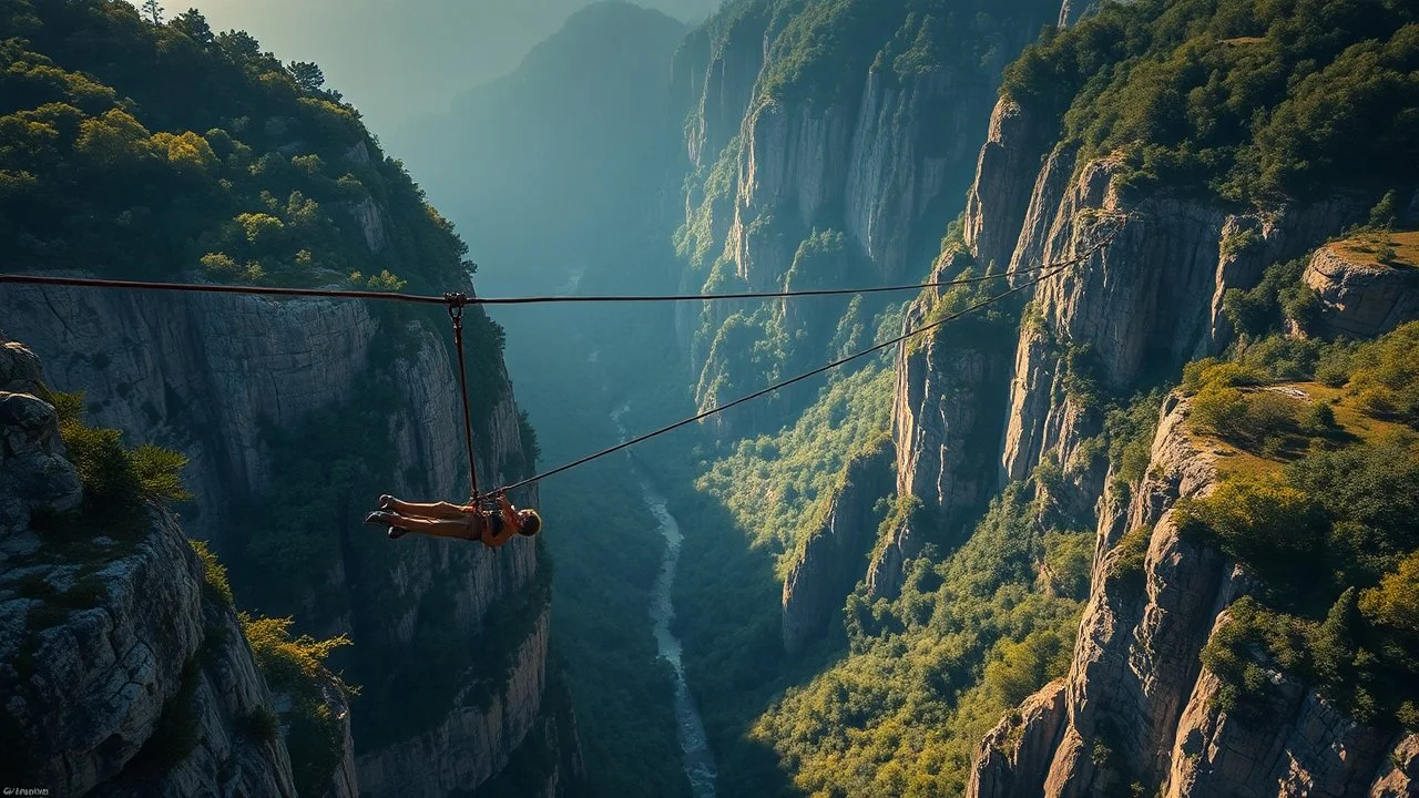 Zip wire across ravine, award-winning photograph, beautiful composition, exquisite detail and illumination