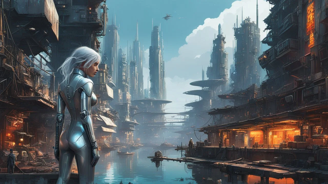 woman in a silver catsuit looking at a view of buildings made of reused dirty rusty metal next to a futuristic canal junction, cyberpunk, many painted colours, flying boats, balconies, bridges, people, shopping, eating, walking, fifth element, ghost in the shell, altered carbon, Ian McQue a masterpiece, 8k resolution, dark fantasy concept art, by Greg Rutkowski, dynamic lighting, hyperdetailed, intricately detailed, Splash screen art, trending on Artstation, deep color, Unreal Engine, volumetric