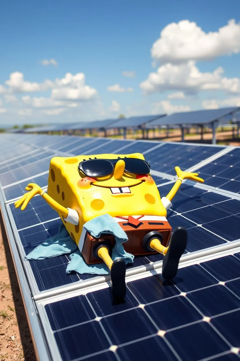 Spongebob lying on a solar panel, sunbathing, sunglasses on, towel on his legs, solar farm in the background