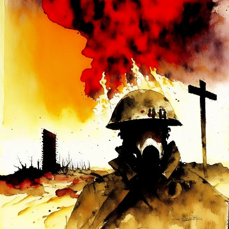 by Dave McKean, "No Man's Land The countless white crosses stand mute in the sand, To man's blind indifference to his fellow man" moody World War I memorial composition. Watercolor and ink painting, dynamic composition, double exposure solder with antique WW I gas mask with fiery text "1914" on helmet, dramatic red sky, dramatic, dynamic composition