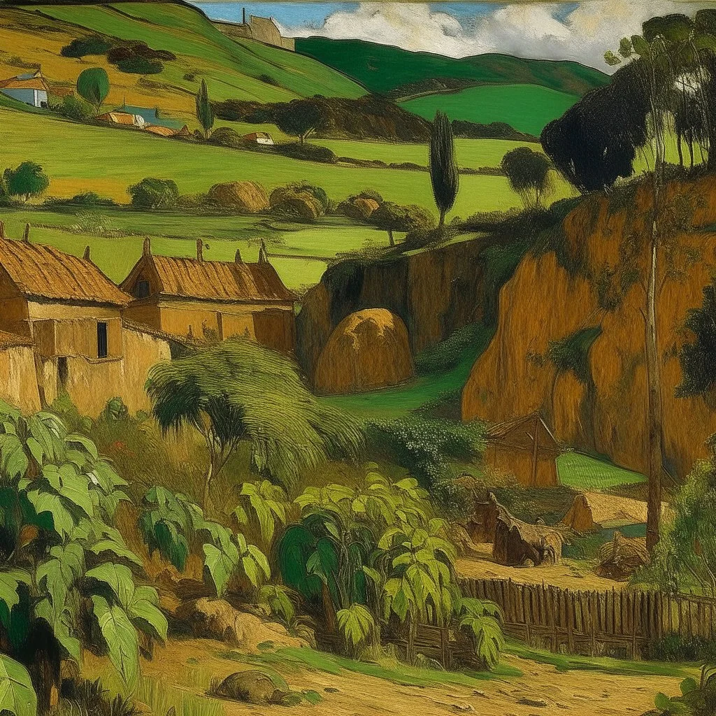 A brown underground mining village covered in vines painted by Paul Gauguin